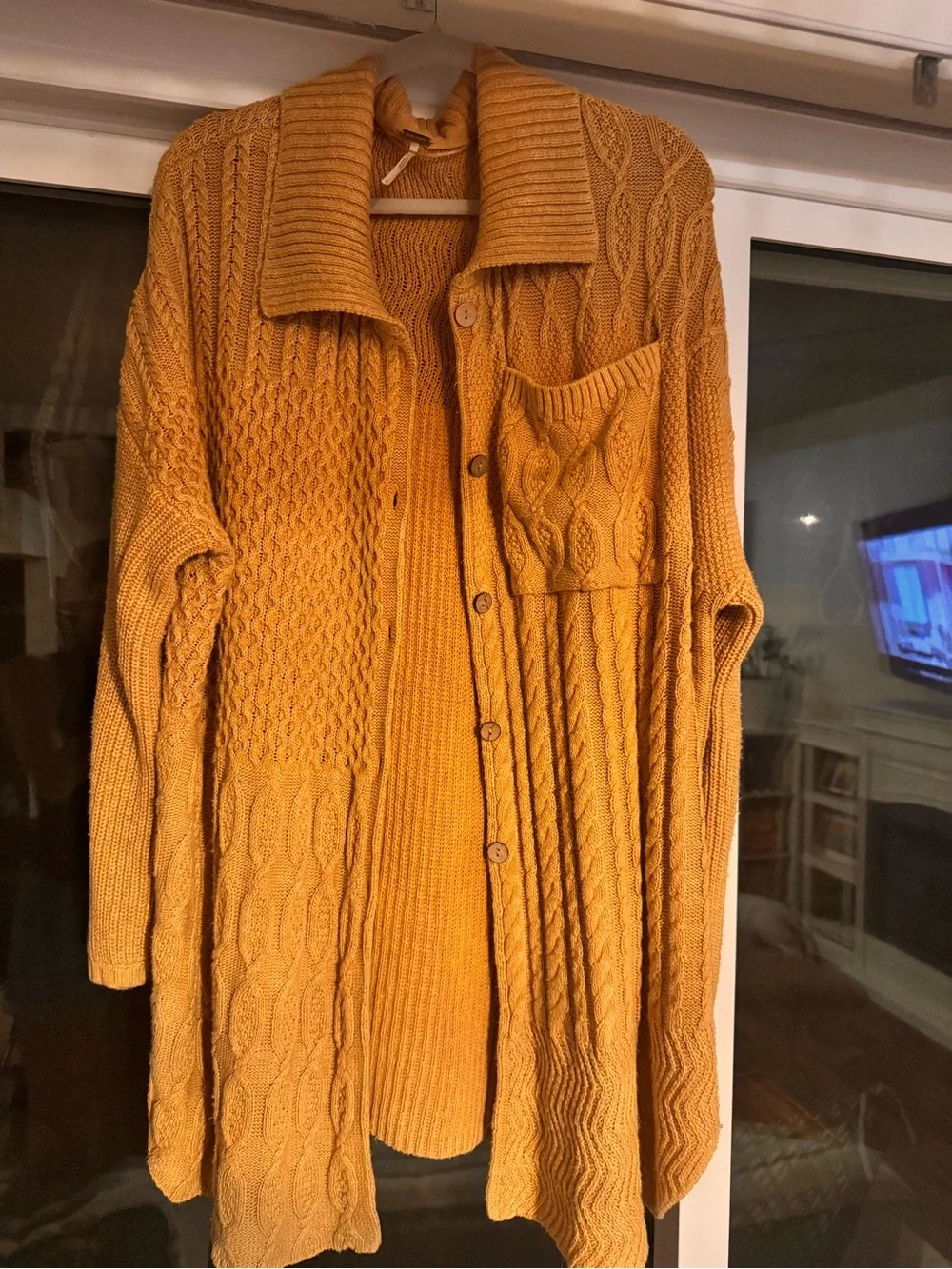 Free People Golden Mustard Cable Knit Button Cardigan